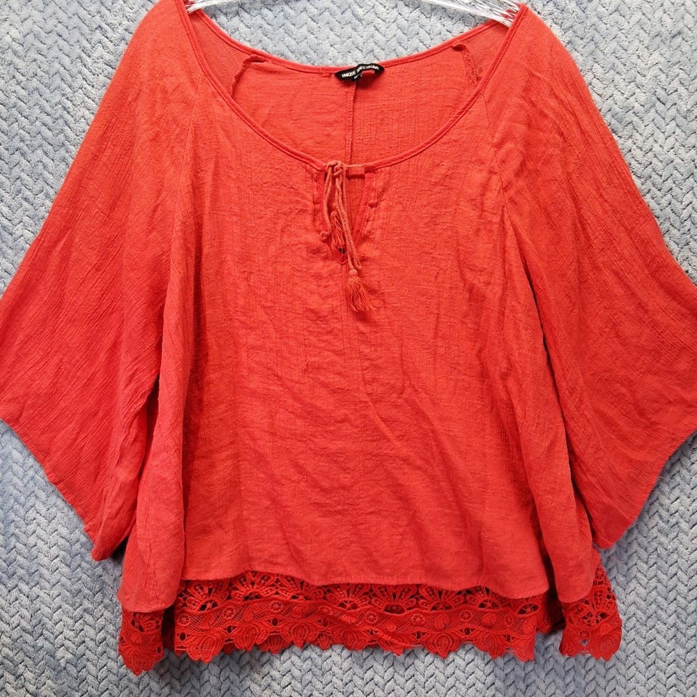 Unique Spectrum Coral Red Boho Lace Trim Tassel Blouse Top 2X Summer Comfort
